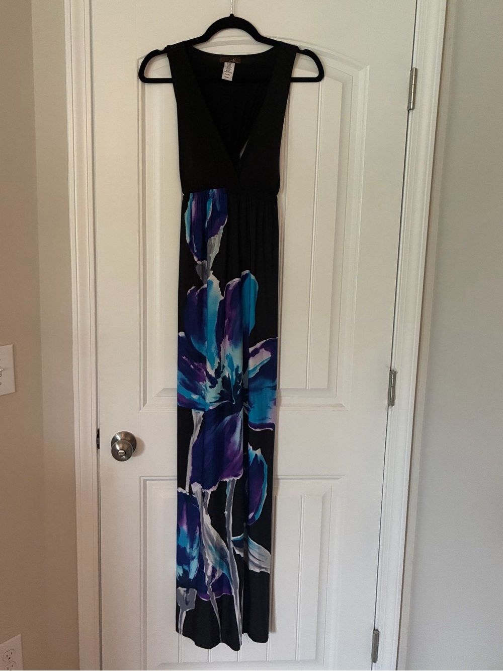 Sleeveless Black Maxi Dress with Blue Floral Print